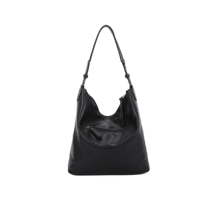 Rückseite Designer Damen Schultertasche mit Schanllenapplikationen in schwarz und camelfarben