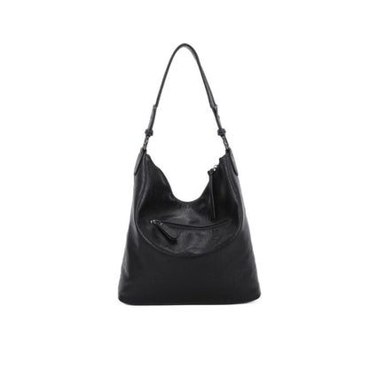 Rückseite Designer Damen Schultertasche mit Schanllenapplikationen in schwarz und camelfarben