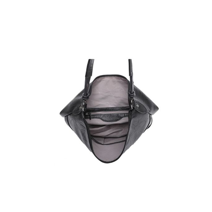 Draufsicht Innenansicht Designer Damen Schultertasche mit Schanllenapplikationen in schwarz und camelfarben