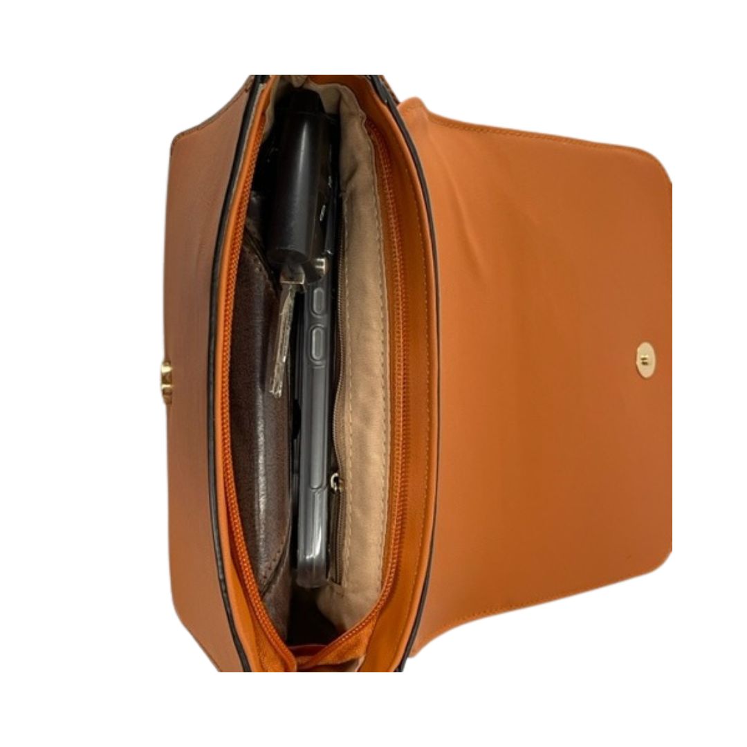 Draufansicht der Braun Damen Umhängetasche crossbag mit schönen Details 