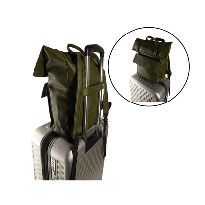 Trolleyfunktion  wasserfester Rolltop Rucksack stabile Tragegriffe und Aussentasche