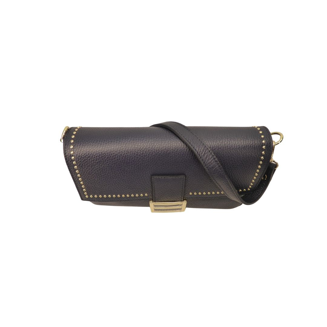 Draufsicht Elegante Baguettetasche Clutch Dollaroleder dunkelblau schöne Nietendetails
