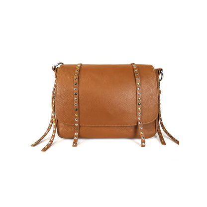 Elegante Leder Tasche mit Handgriff und Schultergurt braun Nietendetails