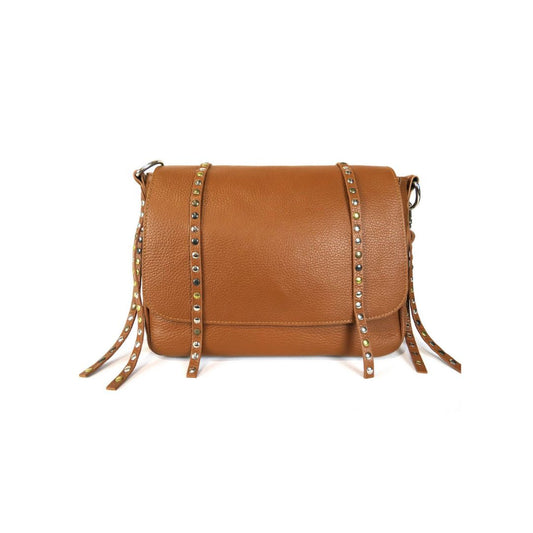 Elegante Leder Tasche mit Handgriff und Schultergurt braun Nietendetails
