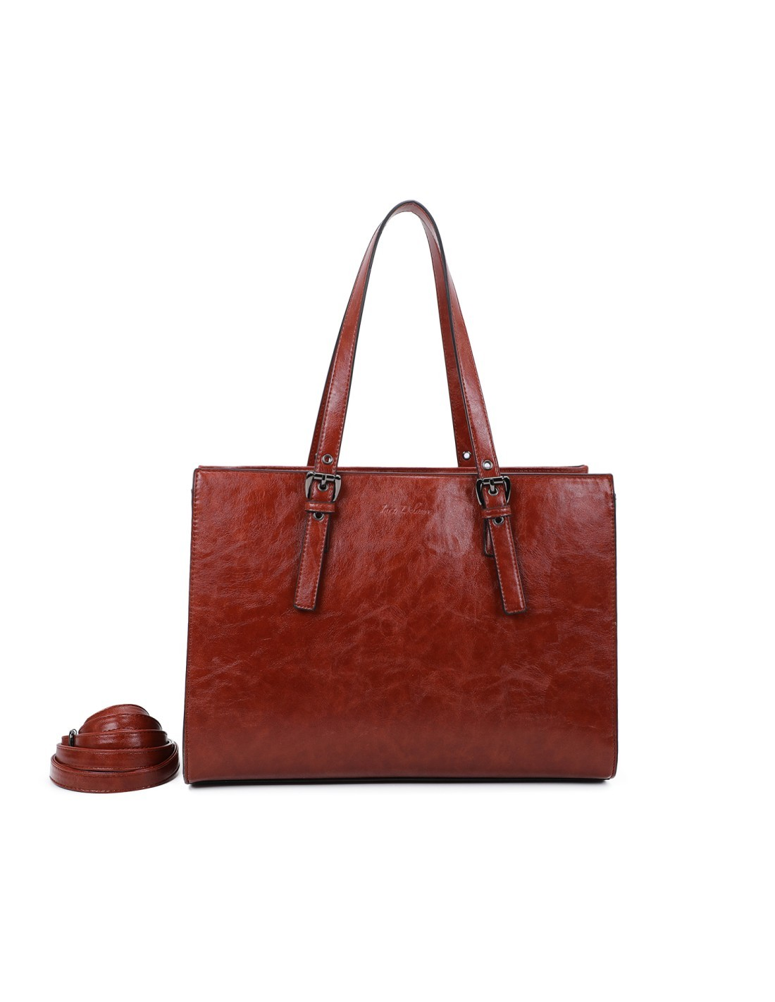 modische Damen Tote-Bag-Umhängetasche mit Griffen und Umhängegurt für Büro bronze-braun