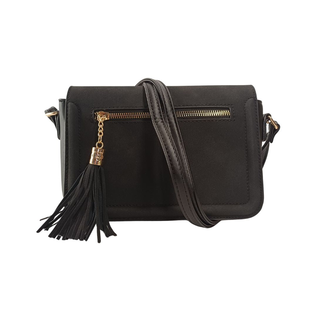 Schwarze Damen Umhängetasche crossbag mit schöne Details mit Reißverschluss und Quaste