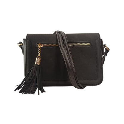 Schwarze Damen Umhängetasche crossbag mit schöne Details mit Reißverschluss und Quaste